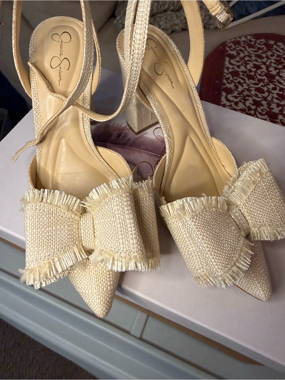 Jessica Simpson Cream Raffia Bow Pointed Slingback Heels